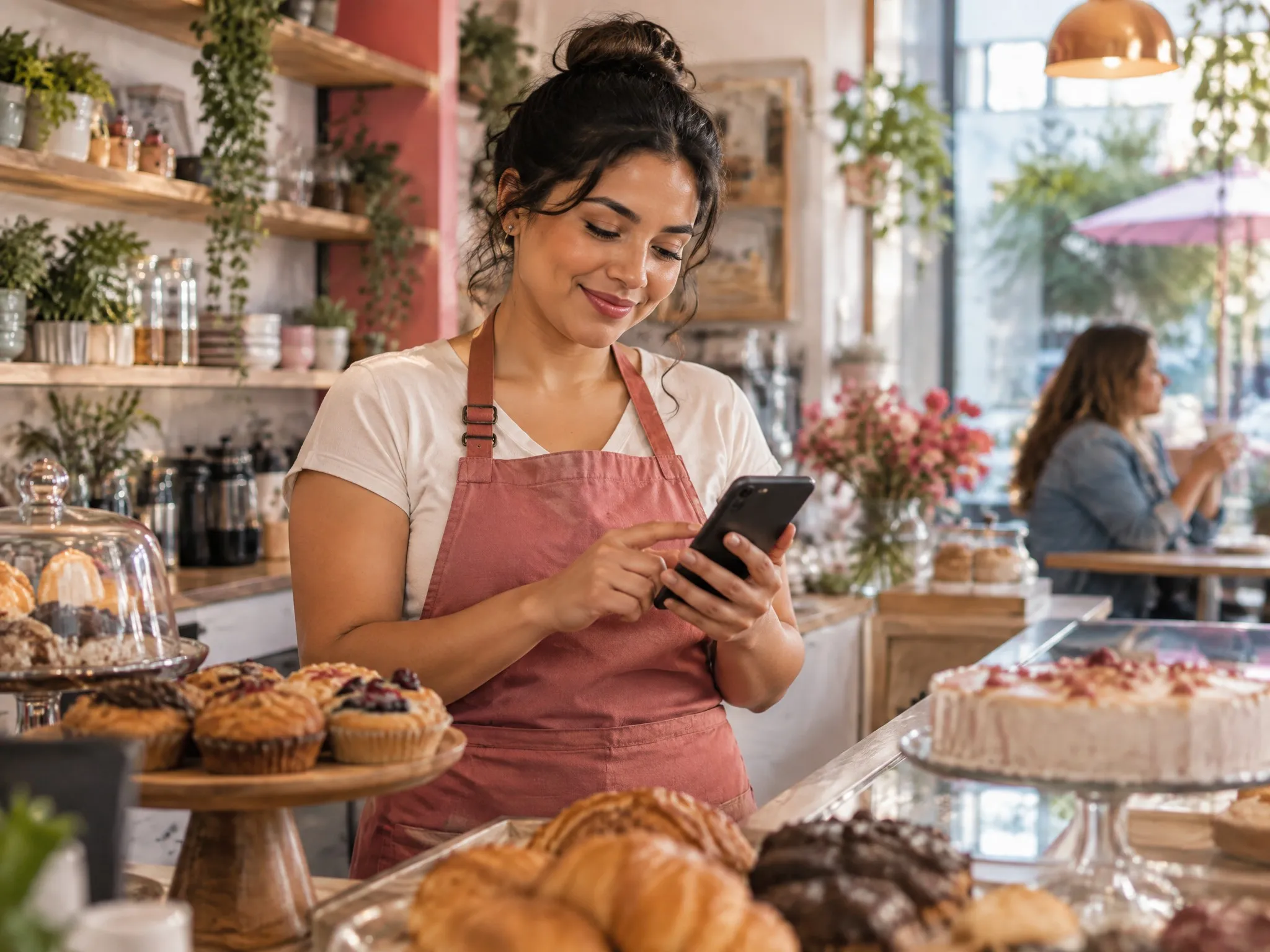 Dueña de una panadería revisando pedidos en su celular