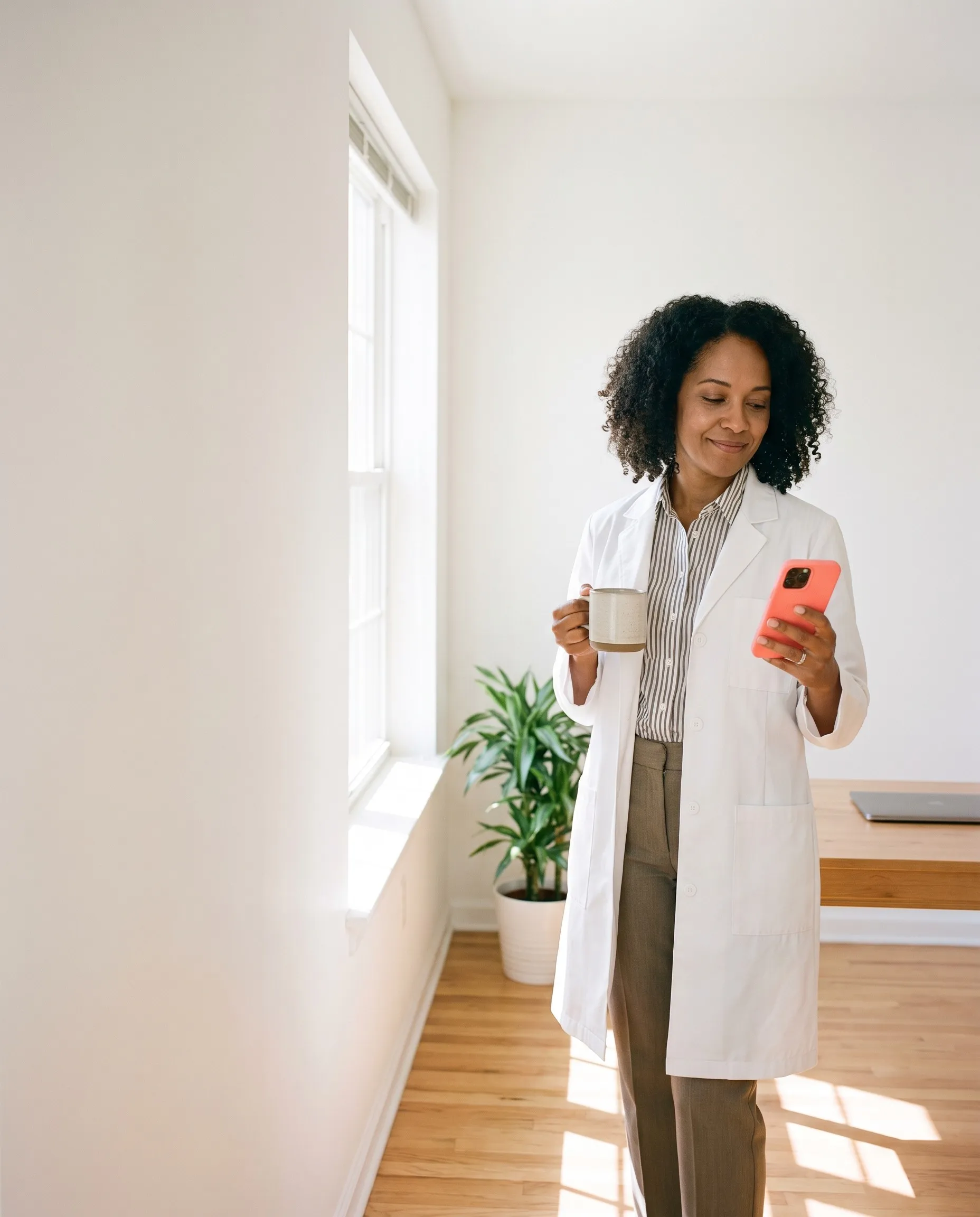 Doctora en su consultorio revisando su celular por la mañana