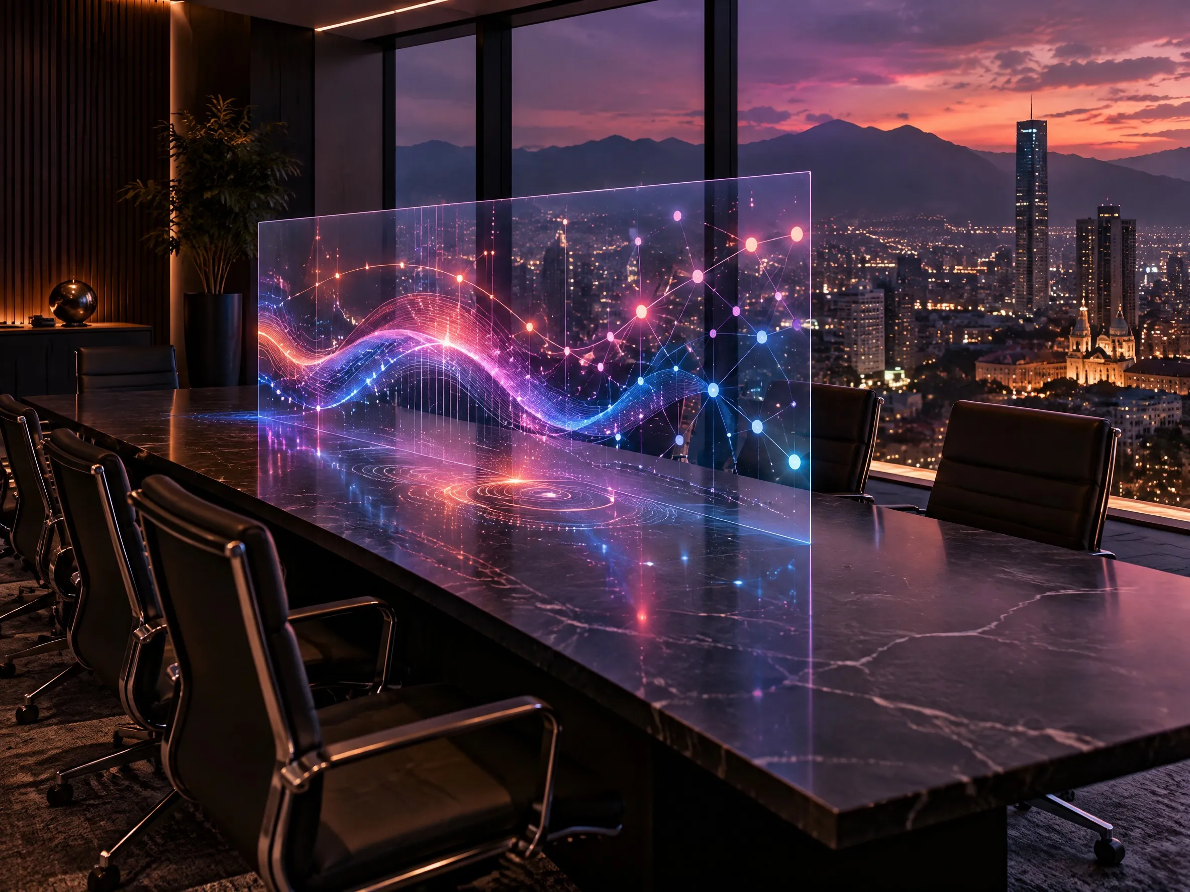 Sala de juntas al anochecer con una visualización abstracta de datos